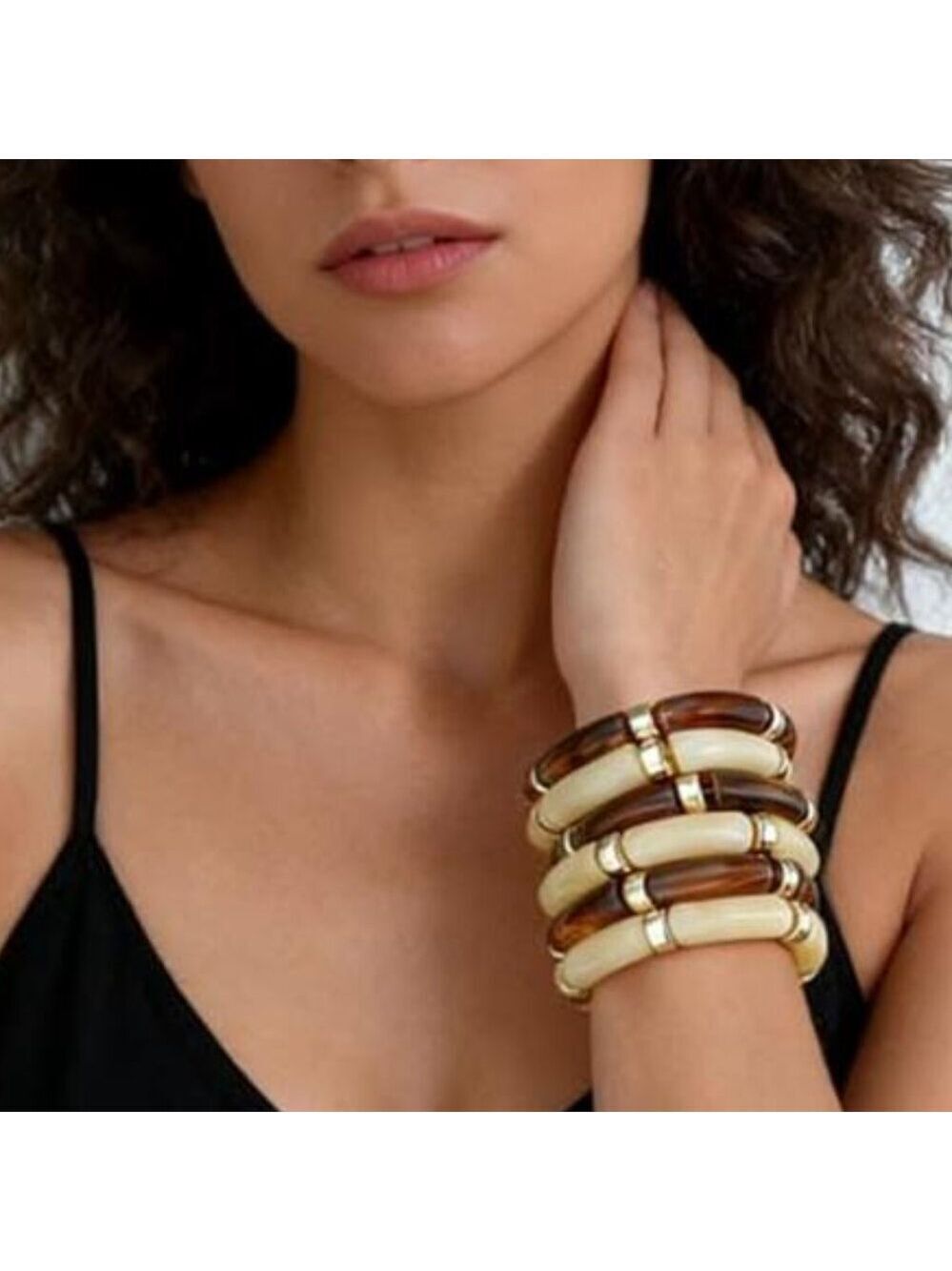 6pcs Chunky Acrylic Bangle Bracelets Resin Bamboo Brown and Pearl White Tone - Picture 8 of 10